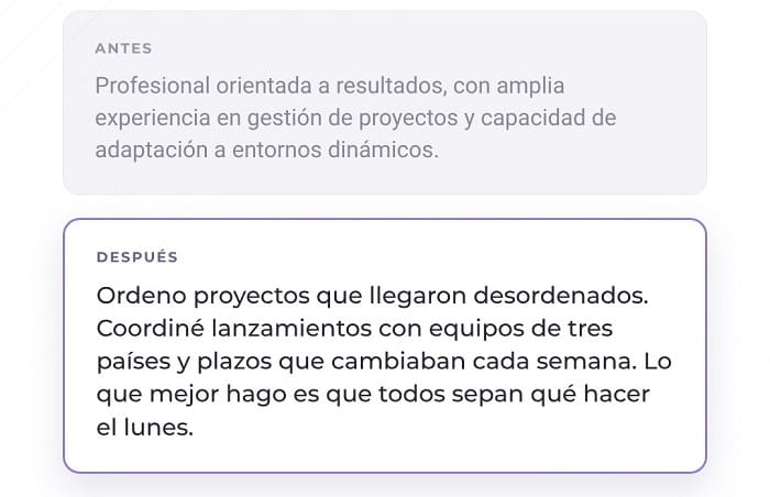 Ejemplo de extracto de LinkedIn: texto corporativo genérico frente a una versión específica y personal