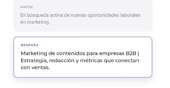 Ejemplo de titular de LinkedIn para búsqueda de empleo: “en búsqueda activa” frente a un titular que comunica valor