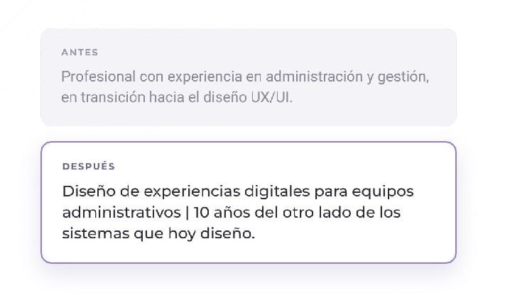 Ejemplo de titular de LinkedIn para reconversión profesional: versión genérica frente a versión específica